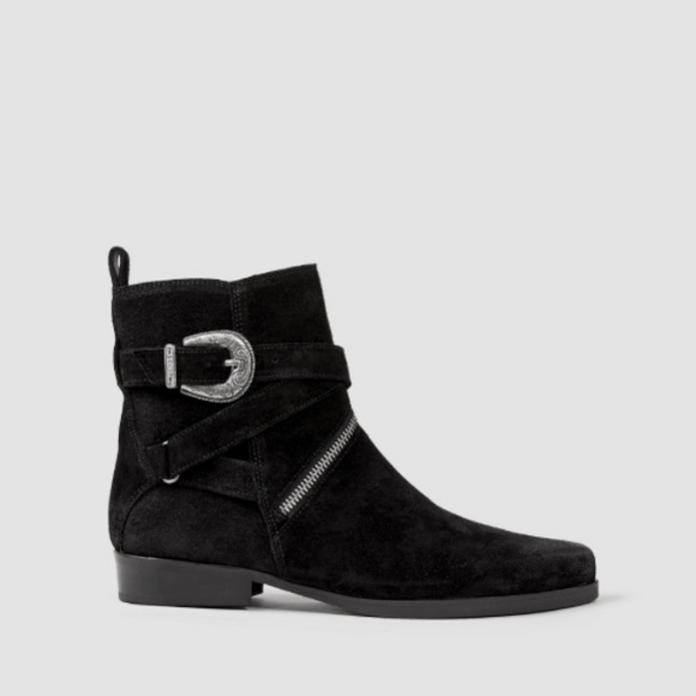 AllSaints Black Suede Western Buckle Ankle Boots